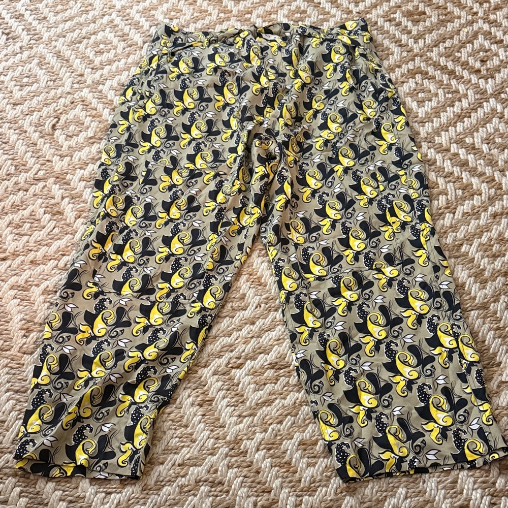Etro Yellow Black Tan Paisley-Print pants 100% silk made in Italy